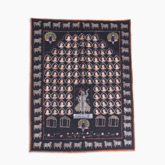 Een Indische pichwai met de afbeelding van Shreenathji (Krishna) omringd door portretten van gopis, Nathdwara, Rajastan, eerste kwart 20ste eeuw