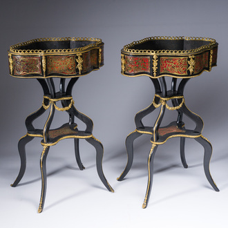 A pair of French Napoleon III Boulle style jardinières in ebonised wood with gilt bronze mounts, 19th C.