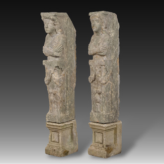 A pair of carved stone mantelpiece pillars in the shape of a man and a woman, probably Flanders, 16th/17th C.