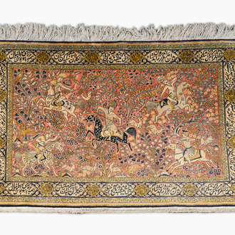 A Persian Qom (Qum/Ghom) silk rug with hunting scenes, 20th C.