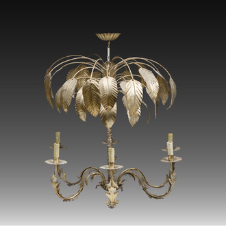 A Hollywood Regency style patinated metal six-light palm tree chandelier, 20th C.
