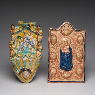 An Italian maiolica holy water font and a Spanish luster-glazed 'Madonna and Child' plaque, 17th/19th C.