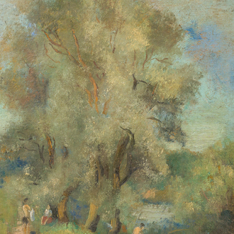 French or Belgian school, in the manner of Alice Frey (1895-1981): Recreation on the banks of the river, oil on canvas, 20th C.