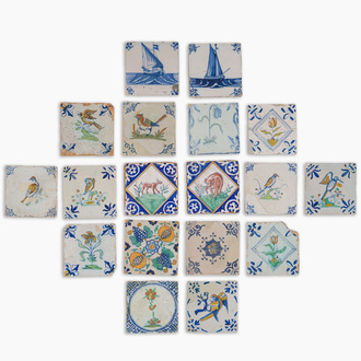 18 blue, white and polychrome Dutch Delft tiles, 17th C. and later