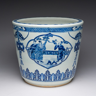 A Chinese blue and white jardinière with figurative medallions, 19th C.