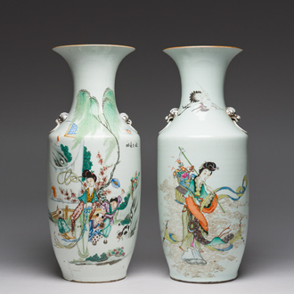 Twee Chinese famille rose vazen met Lan Caihe en een dame en kinderen in een paleistuin, 19de/20ste eeuw