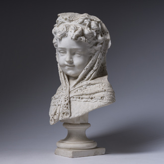 Antonio Argenti (1845-1916): Bust of a girl with a scarf, marble, Milan