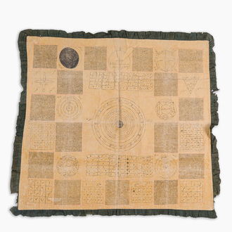 Een zeldzaam Indisch Jain doek met een handgetekend priesterlijk cosmogram, Gujarat, vroeg 20ste eeuw