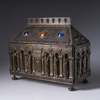 A Gothic Revival parcel-gilt bronze reliquary casket or chasse with glass cabochons, 19th C.