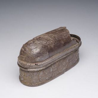 A Byzantine silver reliquary or pyxis with various saints, probably 8th/12th C.