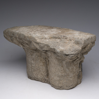 A large Romanesque Tournai stone capital with carved foliage, Flanders, 12th/13th C.