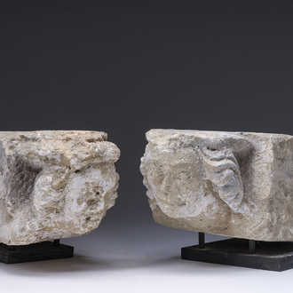 Two architectural carved stone fragments with angel heads, probably Flanders, 15th C.