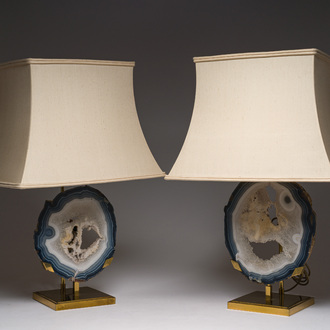 Willy Daro (1918-1990, attributed to): A pair of gilt brass lamps with agate discs