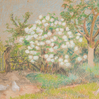 Anna De Weert (1867 - 1950): Farmyard in summertime, pastel and pencil on paper