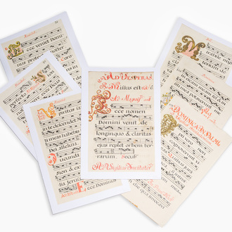 Een collectie antifonale muziekbladen in het Latijn, inkt en kleur op papier, 18de eeuw