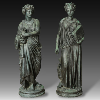 Eugène Louis Lequesne (1815-1887): Two large patinated bronze garden statues of females after the Antique, foundry stamp Durenne, Paris, 19th C.