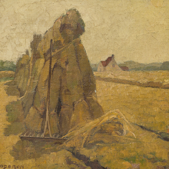 Oscar Coddron (1881-1960): Haystacks in a landscape, oil on canvas