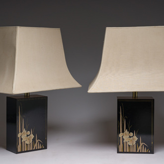 A pair of lacquered lamps in Japanese style with original shades, Maison Le Dauphin, France, third quarter 20th C.