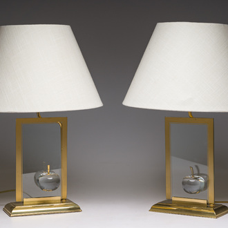 A pair of French 'La Pomme' glass and brass table lamps, Maison le Dauphin, 1970s