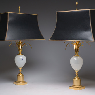 A pair of Belgian white opal glass and gilt brass 'ostrich egg' table lamps, S.A. Boulanger, Anderlecht, 1970s