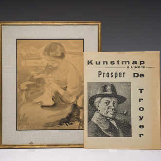 Prosper De Troyer (1880-1961): 'Naaiend meisje' (Sewing girl), mixed media on paper, dated 1914, and six linos, ed. 199/300