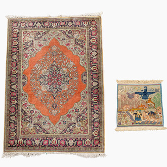 A Persian Qom (Qum/Ghom) silk rug with floral design and a Tabriz rug with animals, 20th C.