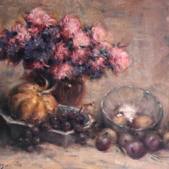 Edgard Fievez (1880-1976): Nature morte aux fleurs et aux fruits, huile sur toile