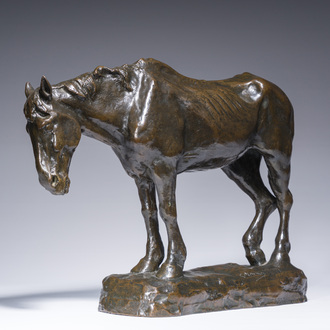 Constantin Emile Meunier (1831-1905): A mine horse, brown patinated bronze, foundry mark 'J. Petermann Fondeur Bruxelles', ca. 1890