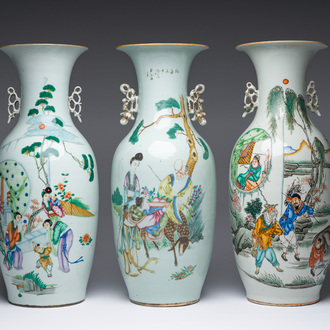 Three Chinese famille rose vases with figurative design, 19th/20th C.