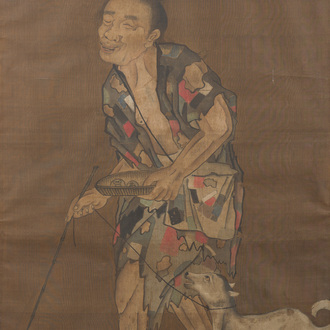 Chinese school: A blind beggar with a dog, ink and colours on silk, probably Ming