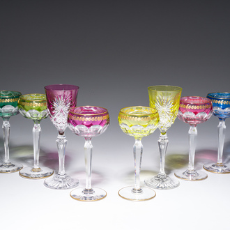 Eight partly coloured overlay cut crystal glasses, six of which with gilt design, Belgium, Val Saint Lambert, 20th C.