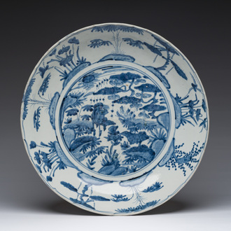 A large Chinese blue and white Swatow dish with two deer, Ming