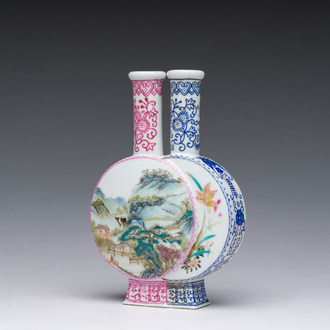 A Chinese famille rose conjoined double vase, Qianlong mark, Republic