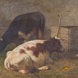 Louis Robbe (1806-1887, à la manière de): Deux vaches et un coq dans une cour, 19ème siècle