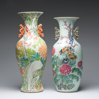 Two Chinese famille rose and qianjiang cai vases with birds among blossoming branches, 19th/20th C.