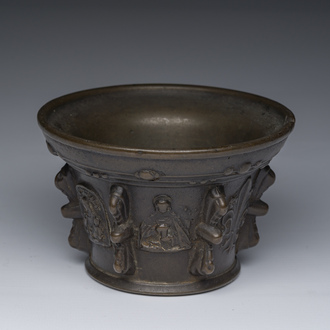 A French bronze mortar with religious relief design, presumably Le Puy-en-Velay, 16th C.