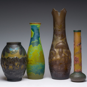 Emile Gallé (1846-1904, after): Four cameo glass Art Nouveau style vases with fauna and flora, 20th C.