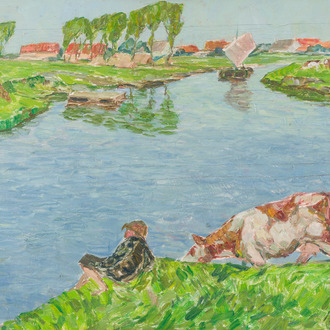 Modest Huys (1874-1932): 'La Lys - De Leie', huile sur panneau