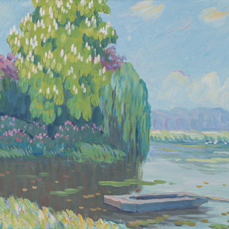 Guillaume Montobio (1883-1962, dans le style de): Vue sur La Lys, huile sur board