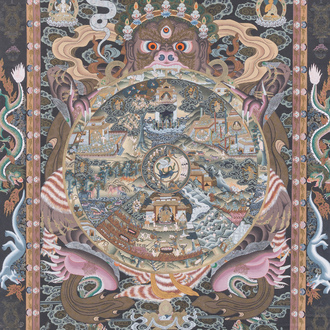 Thangka figurant 'Bhavacakra' ou 'La Roue de le Vie', Népal, 20ème siècle