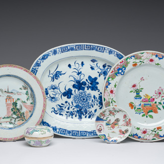 A varied collection of Chinese blue, white and famille rose porcelain, Yongzheng and later