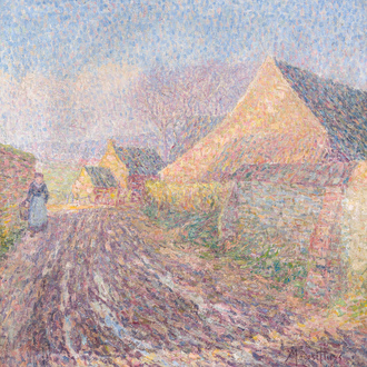 Modest Huys (1874-1932): A farmer walking on the access path to the farm, oil on canvas