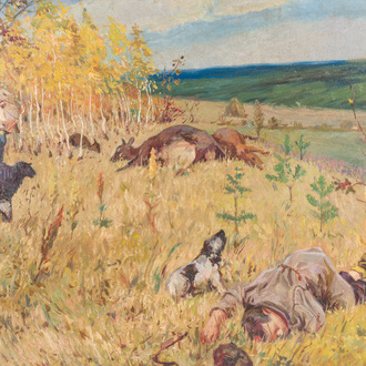 École russe, signé Shapovalov, suiveur d'Arkady Alexandrovich Plastov (1893-1972): Le passage des fascistes, huile sur toile, [1942]