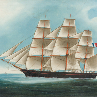 École chinoise: La flotte marchande française approchant les côtes de la Chine continentale ou de Hong Kong, huile sur toile, 19ème siècle