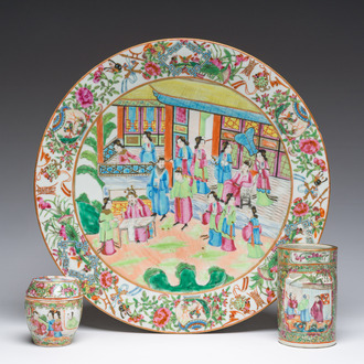 A Chinese Canton famille rose dish, a brush pot and a box and cover, 19th C.