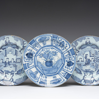 Three Dutch Delft blue and white chinoiserie plates, 17th/18th C.