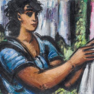 Frans Masereel (1889-1972): 'Brune au corsage bleu dans la verdure', huile sur board, daté 1947