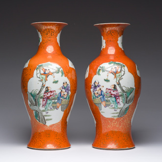A pair of Chinese famille rose coral red-ground vases, Qianlong mark, Republic, 20th C.