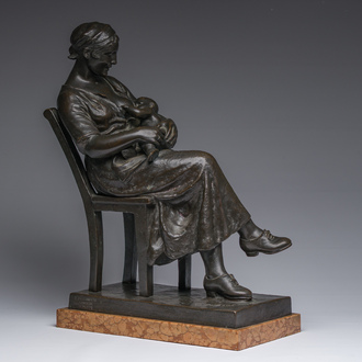 Otto De Beul (1845-1899): Mother and child, brown patinated bronze on a marble base, foundry mark 'G. Paternotte fondeur Lembecq'