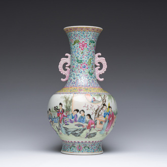 A fine Chinese famille rose bottle vase with ladies in a palace garden, Qianlong mark, 20th C.